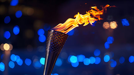 Torch with fire and blue bokeh background, close upの素材
