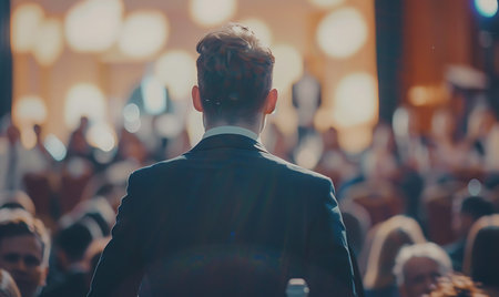 Rear view of a young businessman looking at the stage during a concertの素材