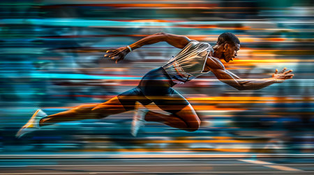 Athlete in action on a race track and field in motion.の素材