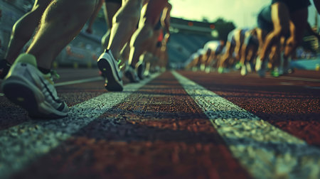 Marathon running race, people feet on rubber racetrack.の素材