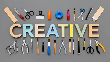 Creative word with stationery on grey background. 3D illustration.の素材