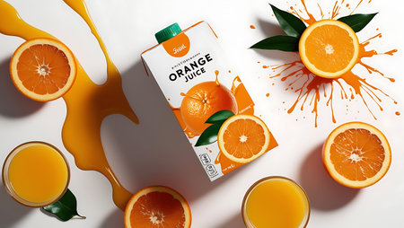 Fresh orange juice with slices on white background. 3d illustration.の素材