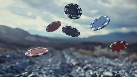 Digital composite of Flying casino chips against mountain landscape. 3d renderの素材