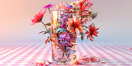 Colorful bouquet of flowers in glass vase on checkered backgroundの素材