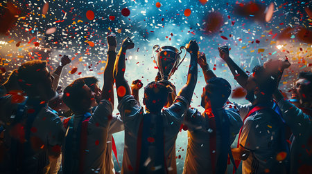 Group of soccer fans cheering for their favorite team and holding the cupの素材