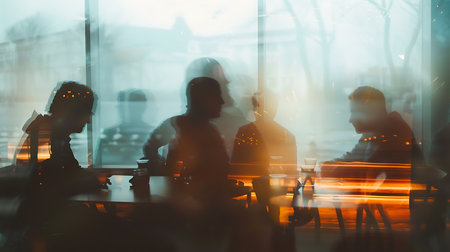 Silhouettes of people in a cafe. Blurred background.の素材