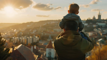 Father and son on the background of the cityscape at sunset.の素材