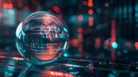 Crystal ball with binary code on the computer keyboard. 3d renderingの素材