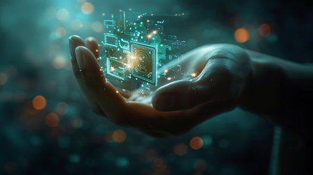 Businessman on blurred background using digital chip hologram 3D renderingの素材