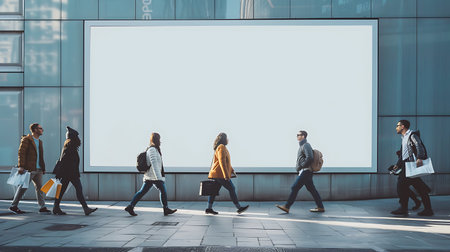 Group of people walking in the city with blank billboard on the wallの素材