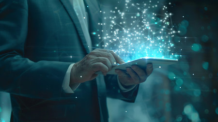 Businessman using tablet computer with digital network hologram 3D renderingの素材