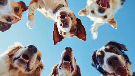 Group of dogs in a row on blue sky background. Top view.の素材