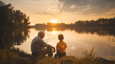 Grandfather and grandson fishing together at sunset on the river bank.の素材