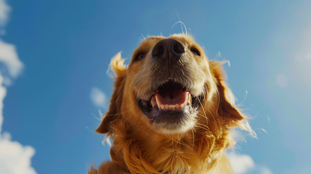 Funny golden retriever dog on blue sky background. Close-up portraitの素材