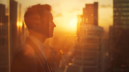 Portrait of a young businessman looking out the window at sunset.の素材