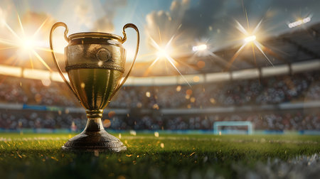 Trophy cup on football stadium background. 3d render image.の素材