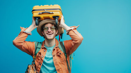 cheerful traveler in orange jacket and sunglasses holding yellow suitcase isolated on blueの素材