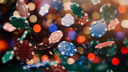 Casino chips flying in the air against bokeh of casino lightsの素材