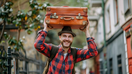 Young man with a suitcase in the city. Traveling concept.の素材
