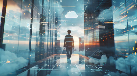 Businessman walking on abstract city background with cloud computing concept. Double exposureの素材
