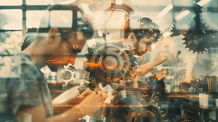 Double exposure of man and woman working together in office with gear mechanismの素材