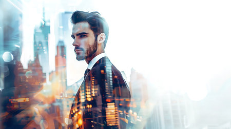 Portrait of a handsome young businessman on the background of New York.の素材