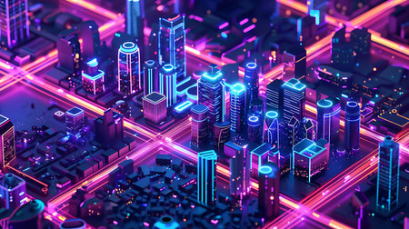 3d render of futuristic city with neon lights. Skyscrapers and buildings. Technology concept.の素材
