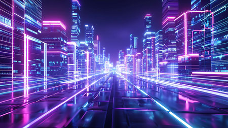 Futuristic city at night with neon lights. 3d renderingの素材
