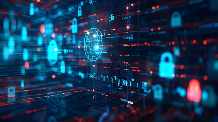 Cyber security concept. 3d rendering toned image double exposureの素材