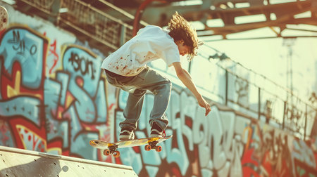 Skateboarder doing a trick on a skateboard in a skate park.の素材