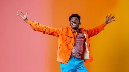 young african american man in orange jacket and blue pants posing on colorful backgroundの素材