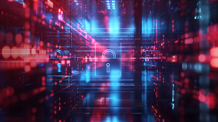 Cyber security concept with padlock on server room background 3D renderingの素材