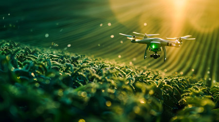 Drone quadcopter with digital camera flying over green field with sunsetの素材