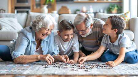 Happy family playing jigsaw puzzle game at home. Grandmother, father and children having fun together while lying on the floor at home.の素材