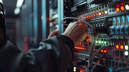 Close-up of a network engineer working in a server room.の素材