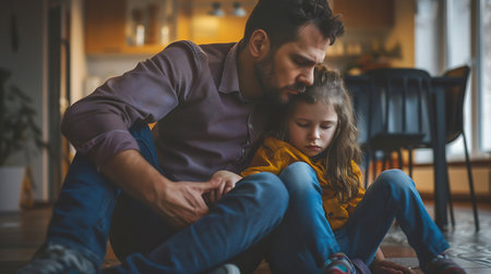 Father and daughter sitting on the floor in the living room at homeの素材