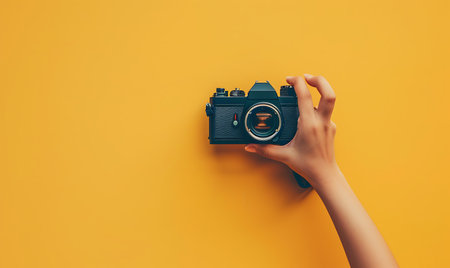 cropped view of woman holding retro camera on yellow background, photography conceptの素材