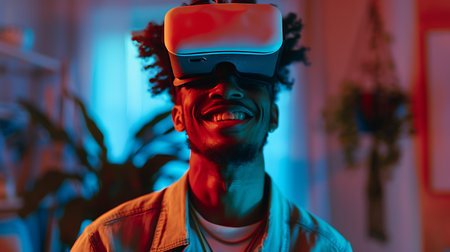 African american man using virtual reality headset at home in neon lightの素材