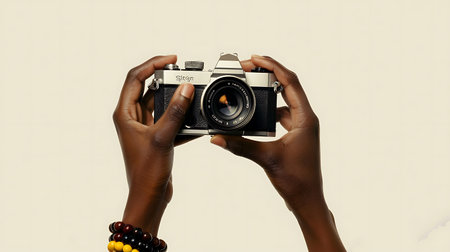 African American female hand holding a vintage film camera on a white backgroundの素材