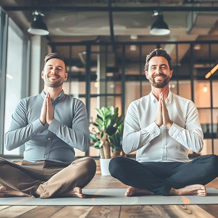 Two young businessmen are doing yoga and smiling while sitting in lotus position in officeの素材