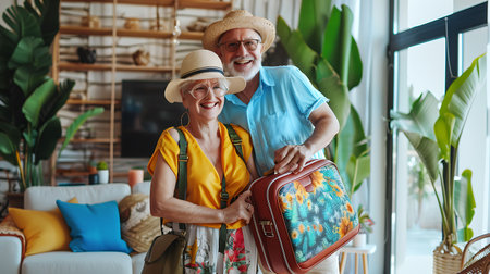 Portrait of senior couple preparing for summer vacation. Cheerful elderly man and woman with suitcases.の素材