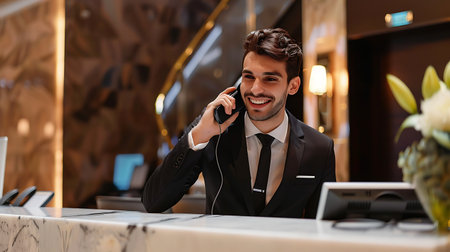 business, people, technology and communication concept - happy businessman calling on smartphone at hotel reception deskの素材