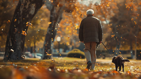 Elderly woman walking with her dog in the autumn park.の素材