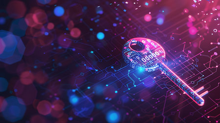Digital key on abstract background. Cyber security concept. 3D Renderingの素材
