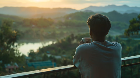 Young man with a cup of coffee on the balcony at sunrise.の素材