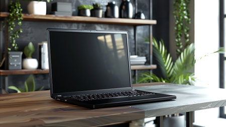 Laptop on wooden table in office. 3d rendering mock upの素材