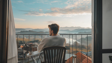 Young man sitting on the balcony and looking at the sunset in the mountainsの素材