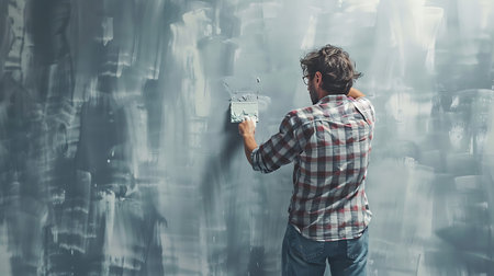 Young man in checked shirt and jeans repairing wall with screwdriver. Mixed mediaの素材