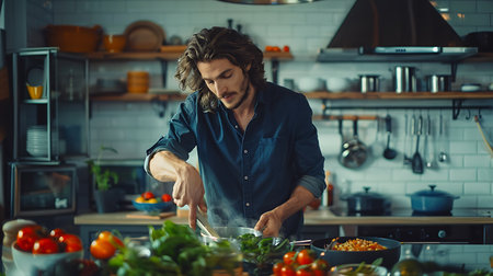 Handsome young man cooking vegetable salad in kitchen at home.の素材