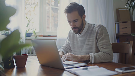 Serious young man working on laptop while sitting at table in officeの素材